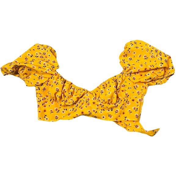 Shein Crop Top Milkmaid Puff Sleeve Large Ditsy Floral Yellow Romantic Cottage - Picture 1 of 4